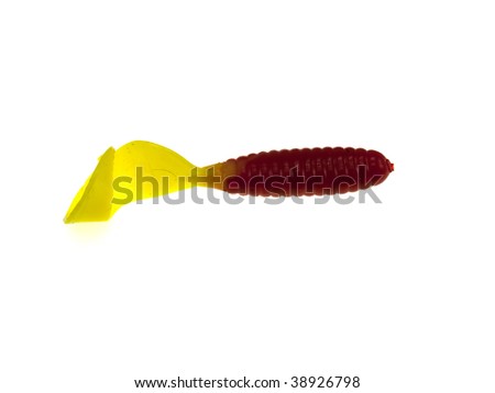 Yellow transparent wobbler with a red tail isolated on a white background