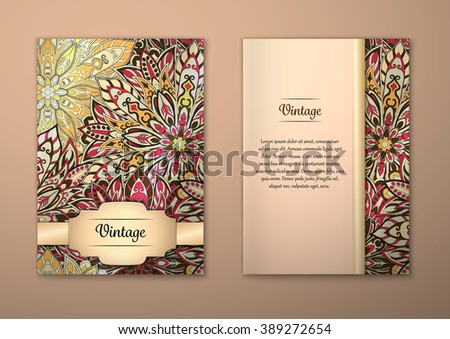 Vintage cards with Floral mandala pattern and ornaments. Vector Flyer oriental design Layout template, size A5. Islam, Arabic, Indian, ottoman motifs. Front page and back page. Easy to use and edit.