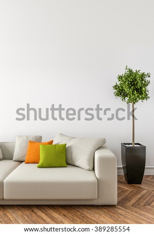 Put your creation on this empty area. Parquet on the floor, sofa and interior plant.