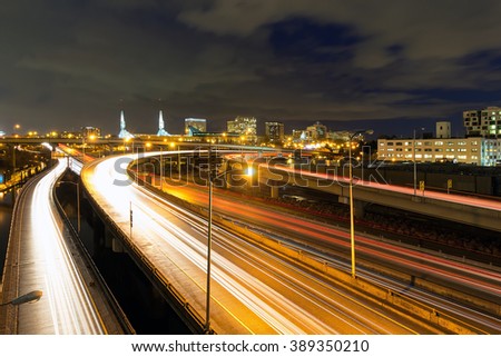 Interstate Freeway Light Trails and Northeast Portland Skyline at Night