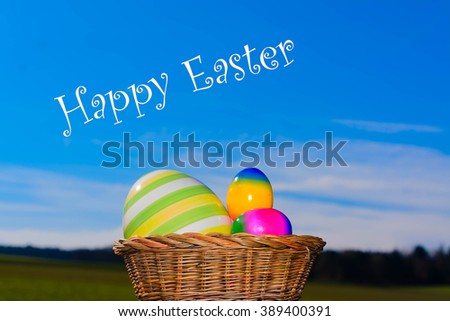  easter eggs inside basket  and lettering, happy easter