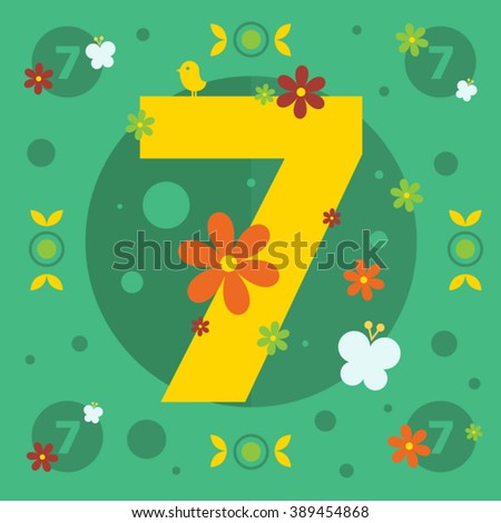Number seven on a azure background with circles, leaves, flowers and butterflies