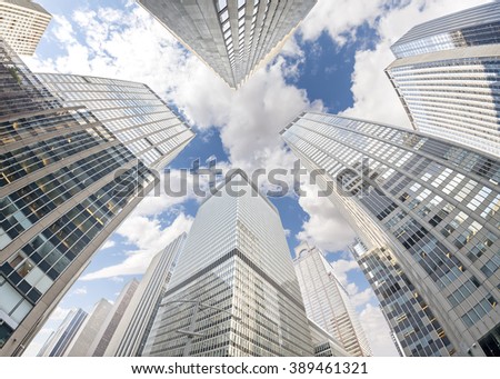 Fisheye lens photo of skyscrapers in Manhattan, New York City, USA.