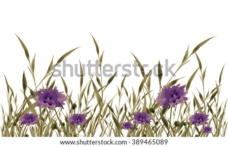 Grass and flowers border design illustration, acrylic and watercolor on paper