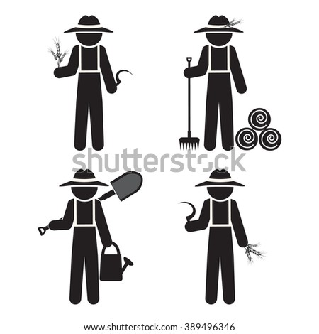 Farmer man with tool, set vector illustration
