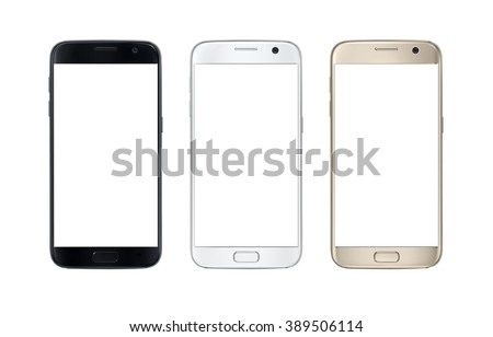 Modern smart phone in three color. White screen for mockup, isolated. Royalty-Free Stock Photo #389506114