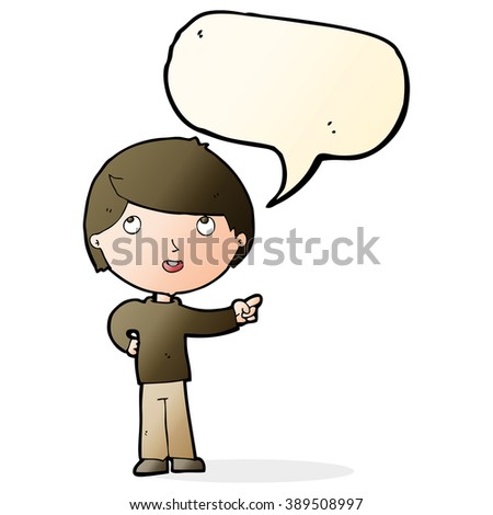 cartoon boy pointing with speech bubble