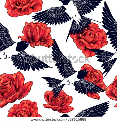 Swallow and  Red Roses. Vector seamless pattern 