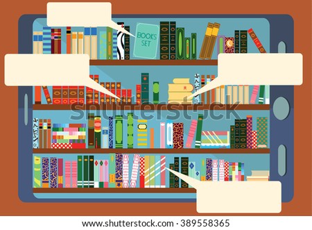 Library Shelf in Tablet pc Computer. Knowledge and Books with Bubbles. Vector flat illustrations.
