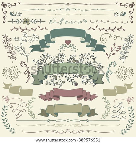 Hand Drawn Colorful Doodle Design Elements. Sketched Decorative Rustic Floral Banners, Dividers, Branches, Ribbons. Vintage Vector Illustration.