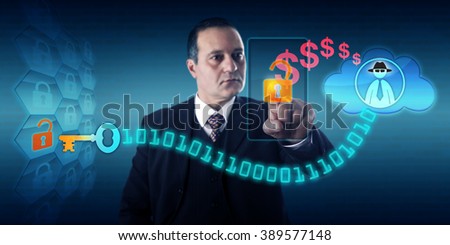 Businessman is unlocking a virtual lock via touch on his mobile to send ransom payment to a black hat hacker in the cloud, thus obtaining a decryption key. Security concept for encrypting ransomware. Royalty-Free Stock Photo #389577148