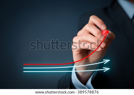 Benchmarking and market leader concept. Manager (businessman, coach, leadership) draw graph with three lines, one of them represent the best company in competition.
 Royalty-Free Stock Photo #389578876