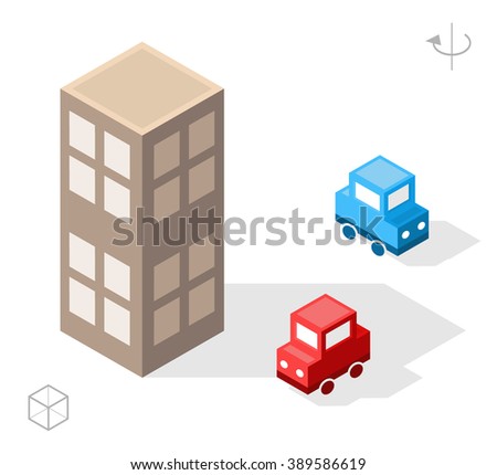Set of Isolated Isometric Minimal City Elements. Skyscraper and Cars with Shadows on White Background.