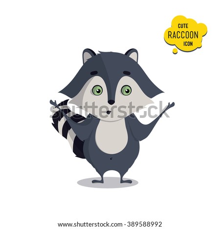 Universal cute standing, surprised raccoon. Vector illustration for educational applications, web icons
