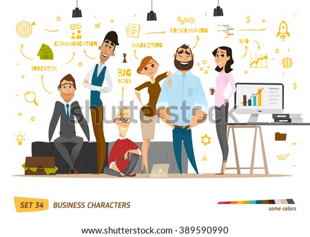Business characters scene. Teamwork in modern business office. Royalty-Free Stock Photo #389590990