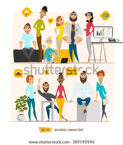Business characters scene. Teamwork in modern business office. Royalty-Free Stock Photo #389590996