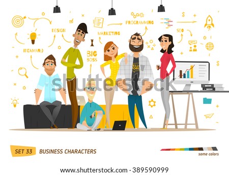 Business characters scene. Teamwork in modern business office. Royalty-Free Stock Photo #389590999