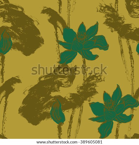 Colorful seamless pattern with watercolor lotus flowers and leaves. Stock vector illustration.