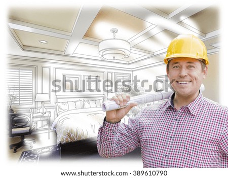 Smiling Contractor in Hard Hat with Roll of Plans Over Custom Bedroom Drawing and Photo Combination.