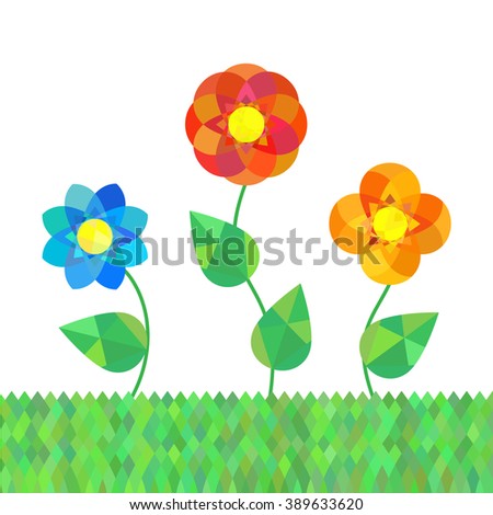3 geometry mandala flowers on meadow. Vector illustration.
