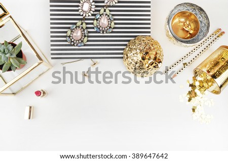 Gold & Black. Header website or Hero website, Mockup product view table gold accessories. Flat lay. Workspace. Background mock-up