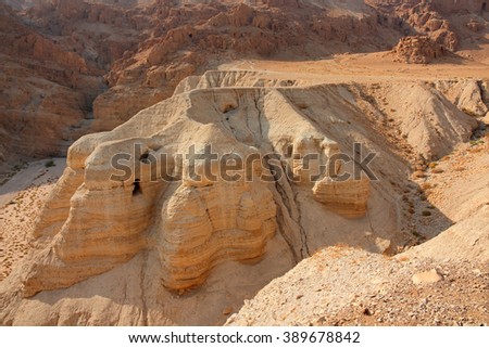 Qumran caves at the archaeological site in the Judean desert of the West Bank, Israel
 Royalty-Free Stock Photo #389678842