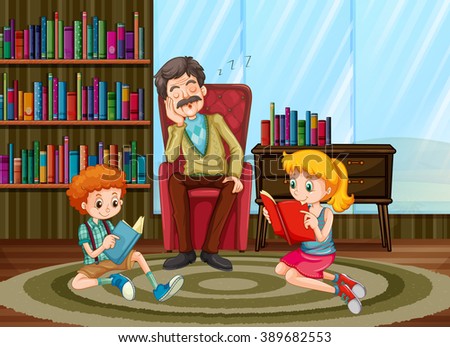 Family members reading in the living room illustration