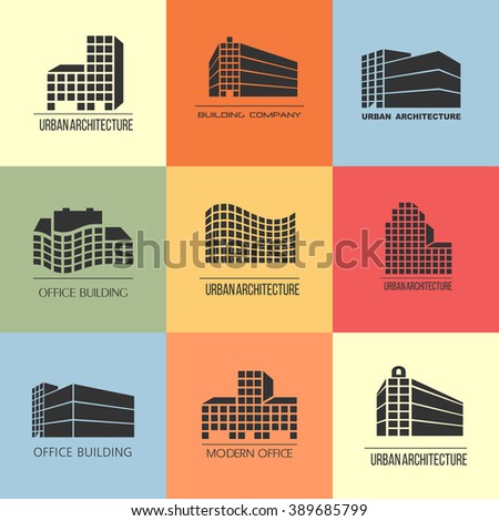 Building. Set of 9 vector logos, urban architecture,icons for a construction company. Buildings, offices, hotels.
