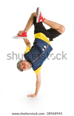 Photo of smart man standing on one arm