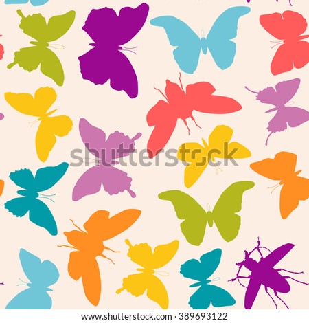 summer pink lilac blue green butterflies set seamless pattern on pink background. 