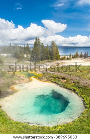 Detailed photo of Bluebell pool from above. Yellowstone National Park, Wyoming, USA