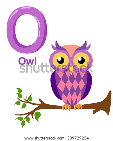 Alphabet for children. Cute vector zoo alphabet with cartoon animals isolated on white O owl