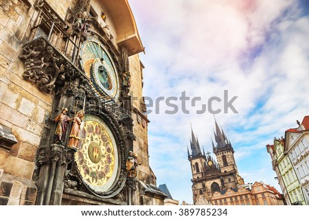 Historical medieval astronomical clock in Old Town Square in Prague, Czech Republic Royalty-Free Stock Photo #389785234