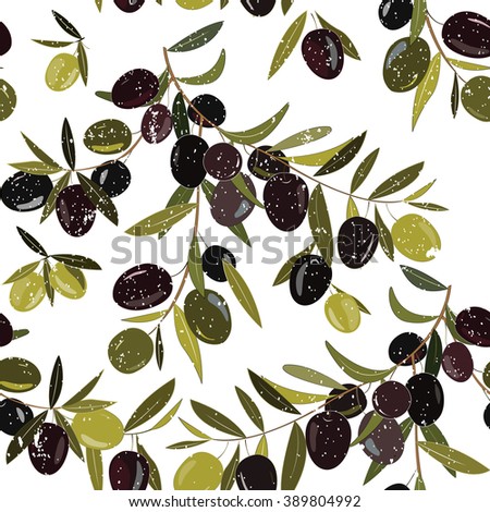 Grunge seamless pattern with olive branches. Green, violet, and black olives together. White background.
