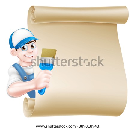 A cartoon painter decorator in a cap hat and blue dungarees holding a paintbrush tool and peeking around a scroll