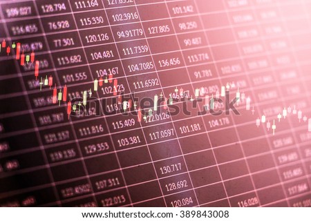 Candlestick graph overlaid on a black spreadsheet with random numerical data as a conceptual art for stock market situations with red photo filter applied