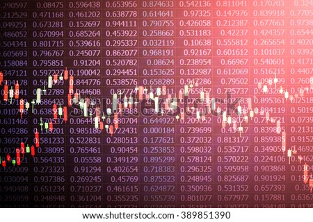 Overlaid photographs of candlestick charts on black random number background taken from a laptop computer screen for stock market trading idea concept with red filter applied