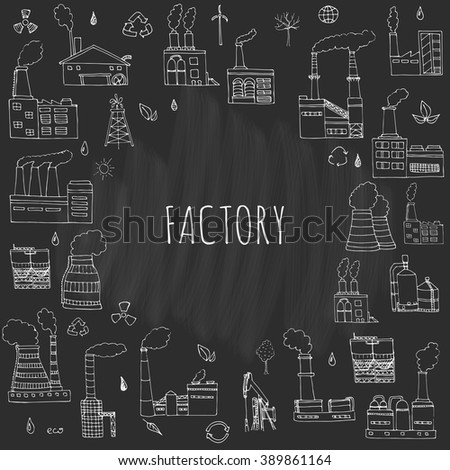 Hand drawn doodle Factory set. Vector illustration Sketchy cartoon Industrial building icons. Manufacture, Oil drill, Eco refinery concept, Pipe with smoke, Pollution, Recycling, Tree, Plant, Leaves