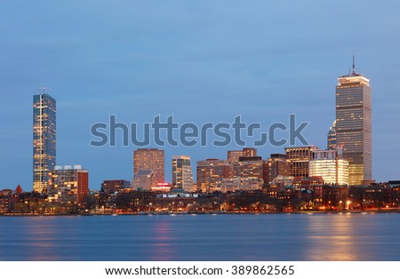 Boston Skyline Showing Charles River after Sunset 15 Minutes, Boston, Massachusetts
