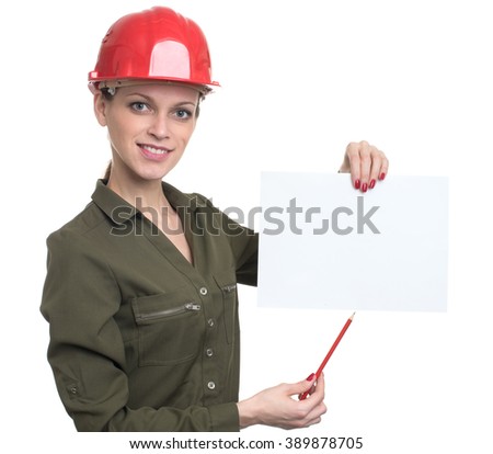 Young worker woman holding a blank poster. Isolated over white background