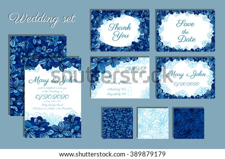 Set of Wedding Invitations and seamless pattern for your design. Wedding invitation, thank you card, save the date cards. Wedding set. RSVP card. Template with blue flowers. Vector Illustration. 
