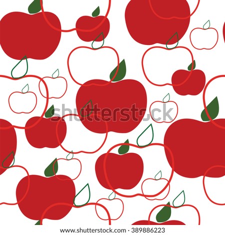 Seamless texture with red apples and green leaves on white background