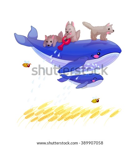 vector cute Fairy Cartoon illustration balloonist whales and wolves flying over the wheat. Safari. ABC letter W. Clip art isolated on white background. EPS 10 without mesh   