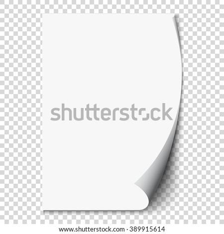 New white page curl on blank sheet isolated paper. Realistic empty folded page. Transparent design sticker. Vector background graphic illustration eps10 Royalty-Free Stock Photo #389915614