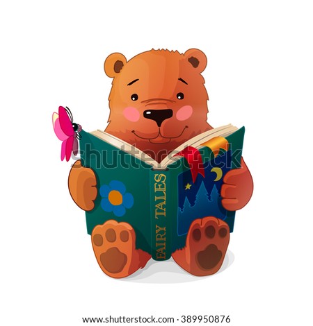 vector cute Fairy Cartoon illustration teddy bear reading Tairy Tales book. Love of Reading. Colorful print art. Clip art isolated on white background. EPS 10 without mesh
