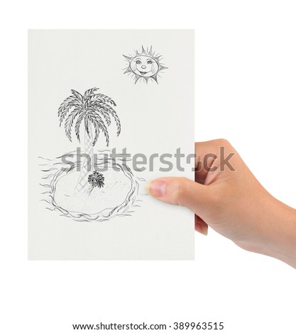 Hand with drawing tropical island isolated on white background