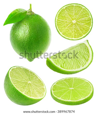 Isolated limes. Whole lime fruit and slices isolated on white background with clipping path Royalty-Free Stock Photo #389967874