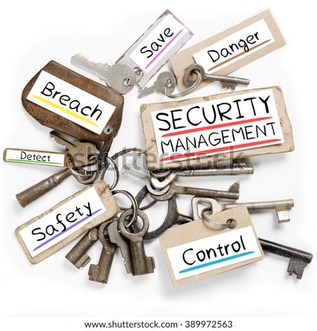 Photo of key bunch and paper tags with SECURITY MANAGEMENT conceptual words