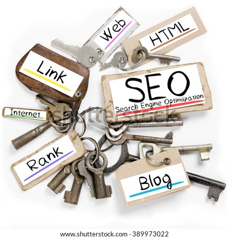 Photo of key bunch and paper tags with SEO conceptual words