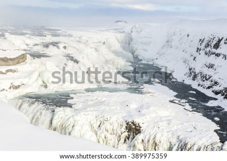 Frozen great Gullfoss waterfall. Iceland